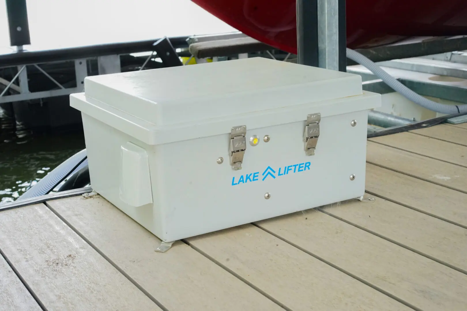 Here's an alt tag for the image: Lake Lifter control box on dock.